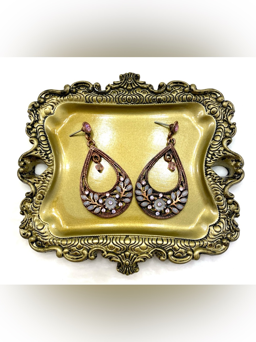 Vintage Antiqued Copper Pink Floral Cutout Teardrop Dangle Chandelier Earrings